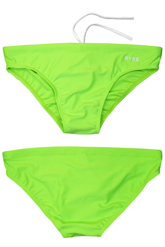 front and back of fluro green mens brief swimwear