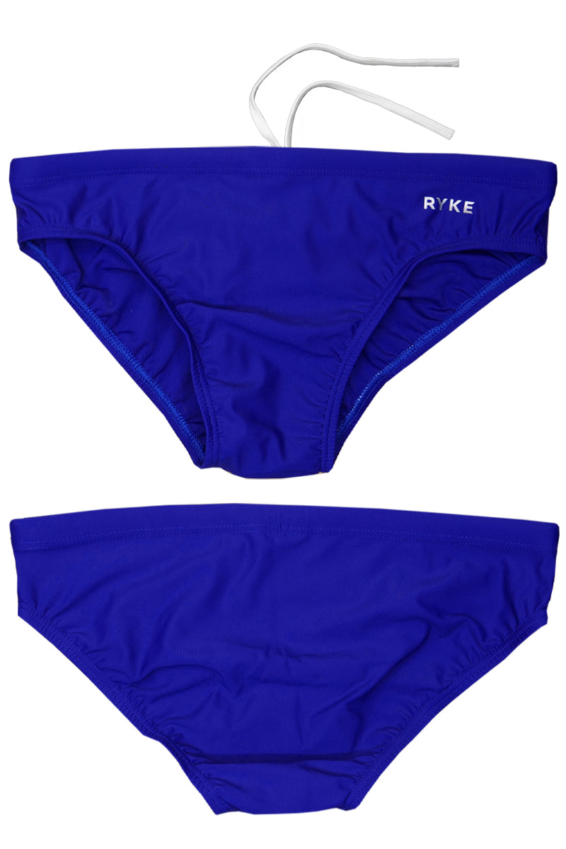 Front and back of mid blue mens brief swimwear