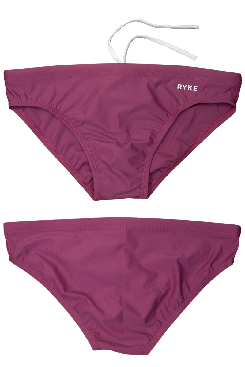 Lightbox image of the front and back of mens rose coloured mens swim brief